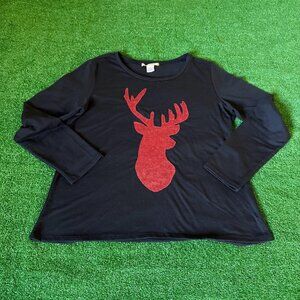Atelier 29 Red Sequins Deer Head Long Sleeve Crewneck Black Sweatshirt Size L
